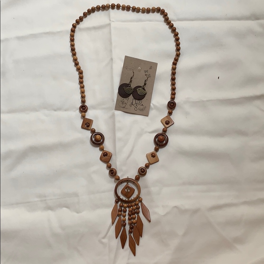 Wooden beaded dream catcher necklace